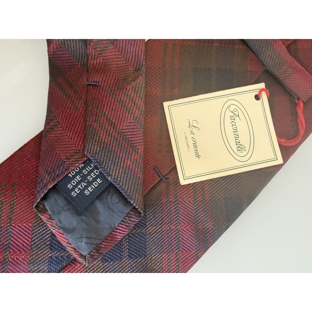 FACONNABLE 100% Silk Tie Hand Made ITALY Designer Burgundy Plaid - Picture 3 of 7